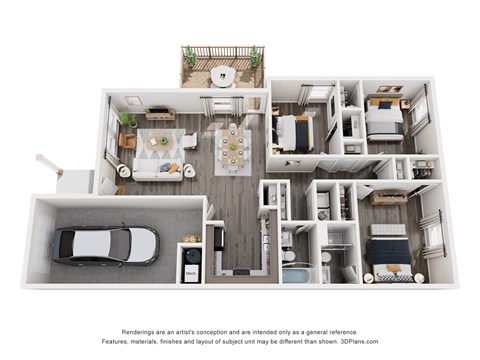 Floor plan for 3 beds, 2 baths, 1253 sqft